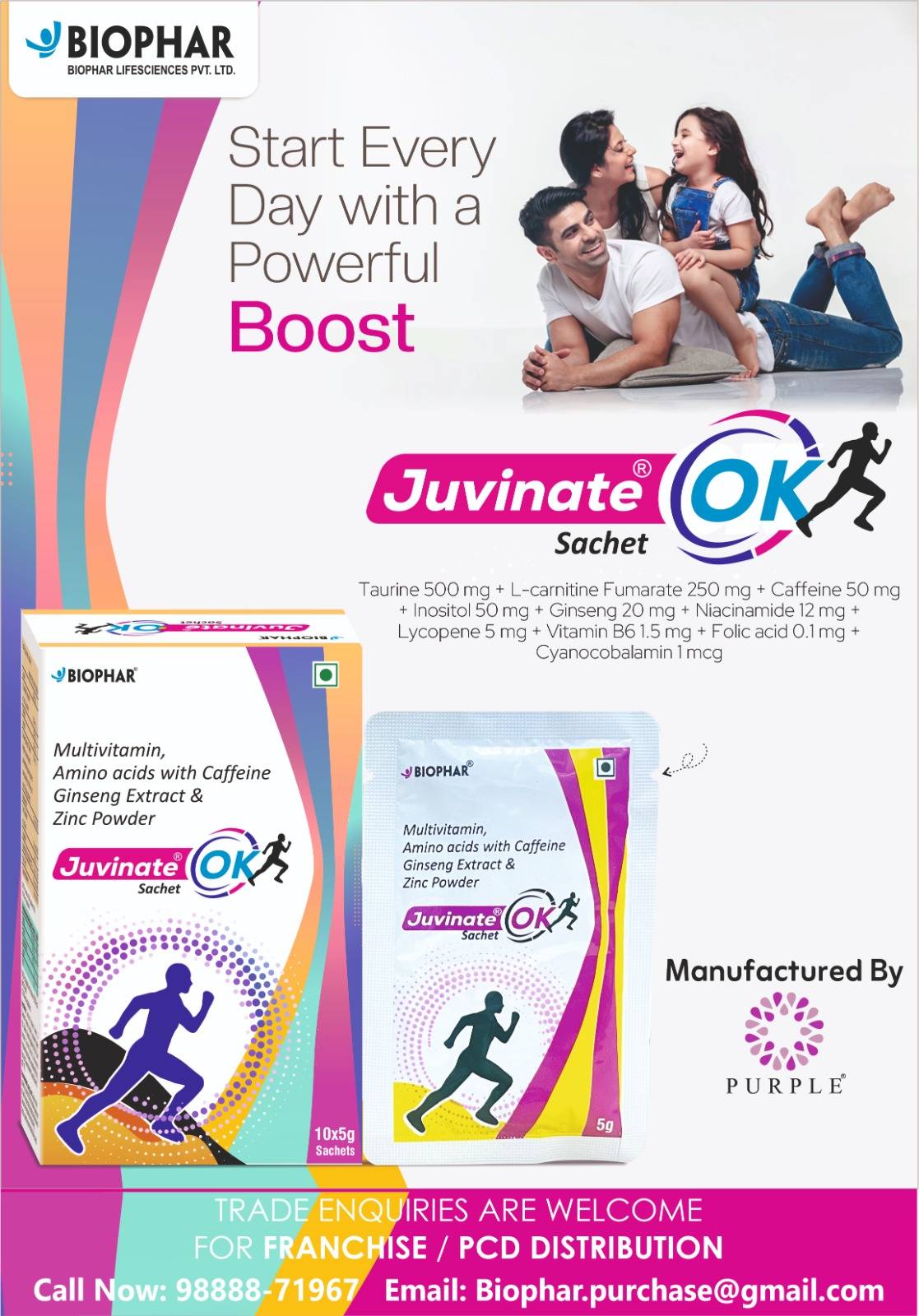 Juvinate Ok Sachet Of 5gm Oral Powder with multivitamins, Ginseng Extract, Amino Acid, Advanced Nutritional Support for Energy & Immunity. Call - 9888871967, biophar.purchase@gmail.com