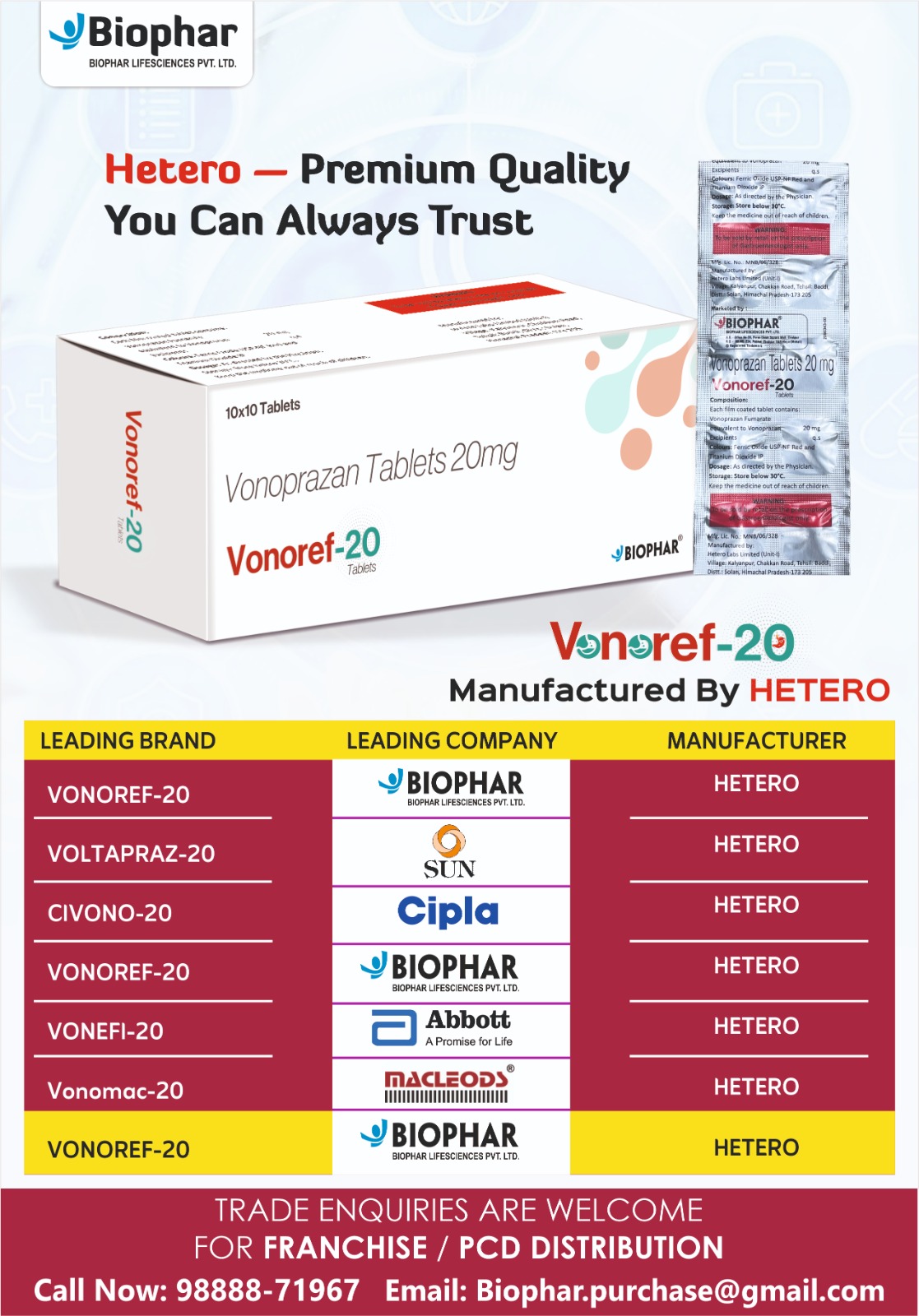 Vonoref 20 mg Tablet: View Uses Side Effects Price. Buy in bulk quantity. Call & Email - 9888871967, biophar.purchase@gmail.com