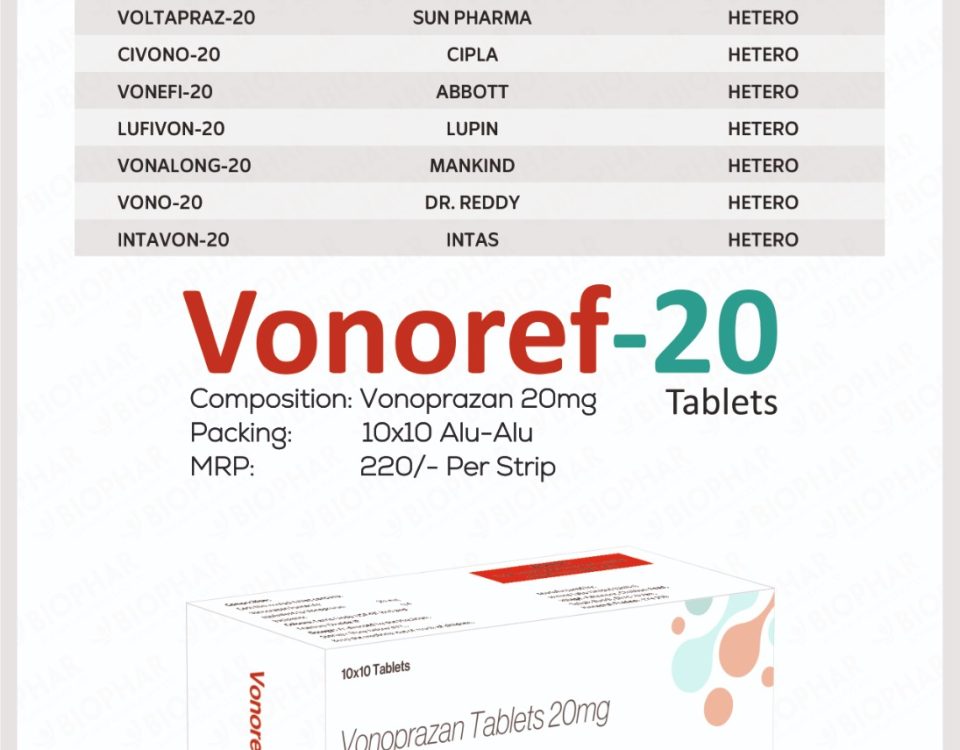 Vonoprazan helps by reducing the acid in your stomach and giving your body a chance to heal. Key Medical Conditions It Treats VONOREF-20 (Vonoprazan 20 Tablets) is used to treat several problems caused by too much acid in the stomach.