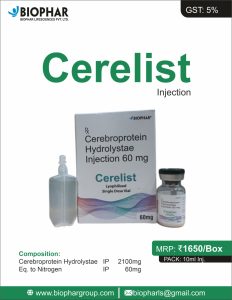 🧠 Cerelist Injection – Cerebroprotein Hydrolysate 60mg (10ml Vial) Brand Name: Cerelist Composition: Cerebroprotein Hydrolysate IP – 2100mg Eq. to Nitrogen IP – 60mg Pack: 10ml Lyophilized Single Dose Vial MRP: ₹1650/Box GST: 5%