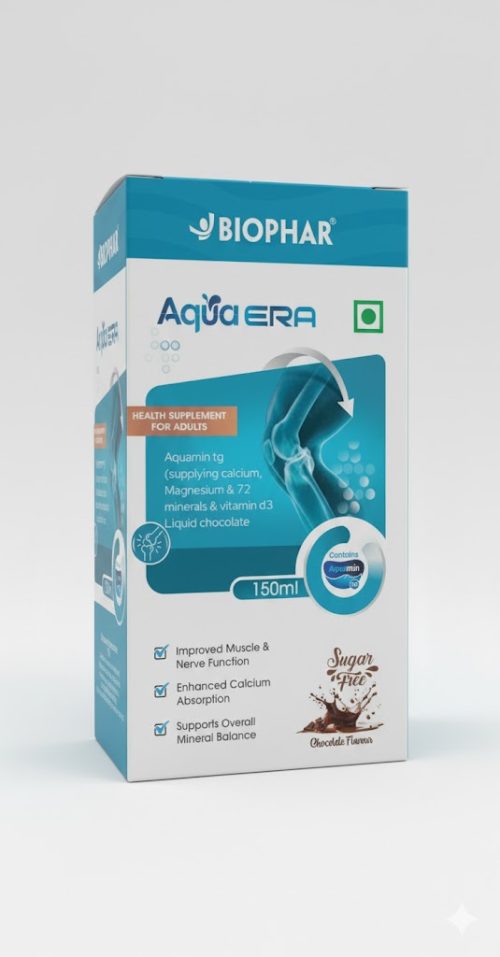 Product Name: Aqua ERA Liquid – Aquamin TG with Calcium, Magnesium, 72 Minerals & Vitamin D3 (Chocolate Flavour) Brand: Biophar Lifesciences Pvt. Ltd. Category: Bone & Joint Health / Liquid Nutraceuticals