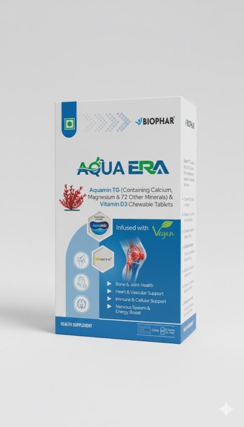 Product Name: Aqua Era – Aquamin TG & Vitamin D3 Chewable Tablets Brand: Biophar Lifesciences Pvt. Ltd. Category: Health Supplements Short Description: Aqua Era is a premium plant-based calcium and mineral tablet enriched with Aquamin TG and Vitamin D3, formulated to support strong bones, healthy joints, heart function and overall vitality. 100% vegan and designed for daily wellness. Product Description