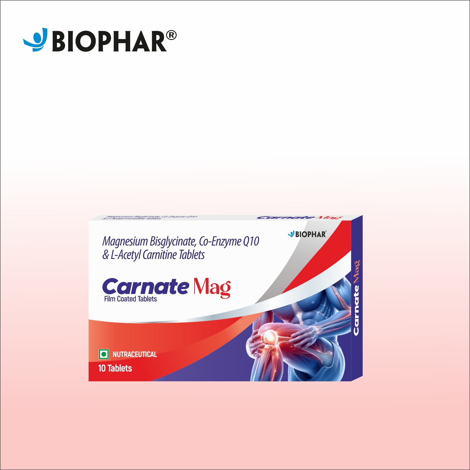 Carnate Mag Film Coated Tablets: This nutraceutical product from Biophar Lifesciences is a combination of Magnesium Bisglycinate, Co-Enzyme Q10, and L-Acetyl Carnitine. These ingredients work together to support muscle health, energy metabolism, and nerve function.