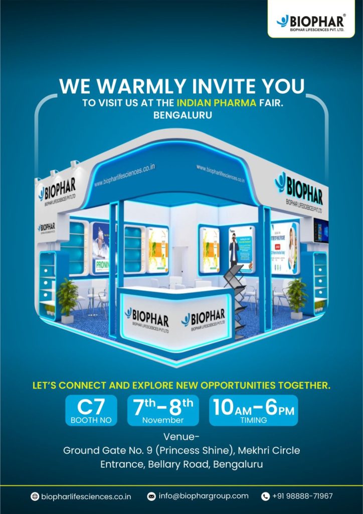 Biophar Lifesciences Pvt. Ltd. invites you to visit their booth at the Indian Pharma Fair in Bengaluru. Attendees can connect with the company at Booth No. C7, from 10 AM to 6 PM on November 7th and 8th. The venue is Ground Gate No. 9 (Princess Shine), Mekhri Circle Entrance, Bellary Road, Bengaluru.