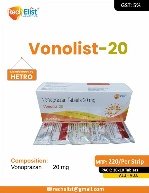 Vonolist-20 (Vonoprazan 20 mg) is a highly effective proton pump inhibitor alternative used for treating acid reflux, GERD, gastric ulcers, and heartburn-related disorders. Manufactured by RechElist Pharma Pvt. Ltd., it offers fast symptom relief, long-lasting gastric acid suppression, and a reliable clinical safety profile. 🔹 Composition: Vonoprazan 20 mg 🔹 Pack Size: 10 x 10 Tablets 🔹 MRP: ₹220 per strip 🔹 Packaging: ALU-ALU 🔹 GST: 5%