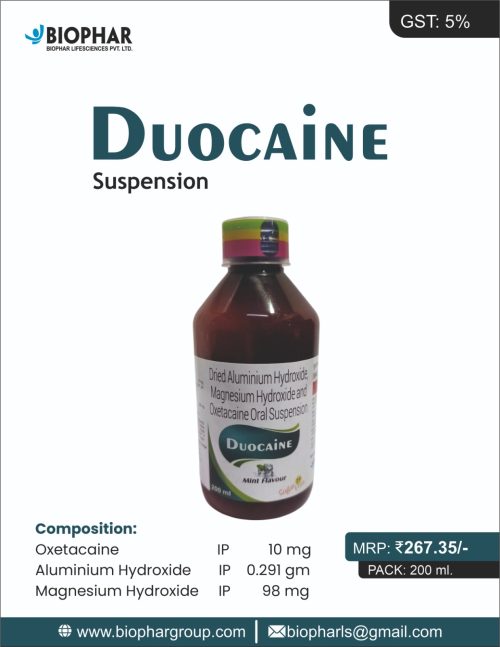 Duocaine Suspension, Oxetacaine suspension, antacid syrup India, Biophar Lifesciences,
