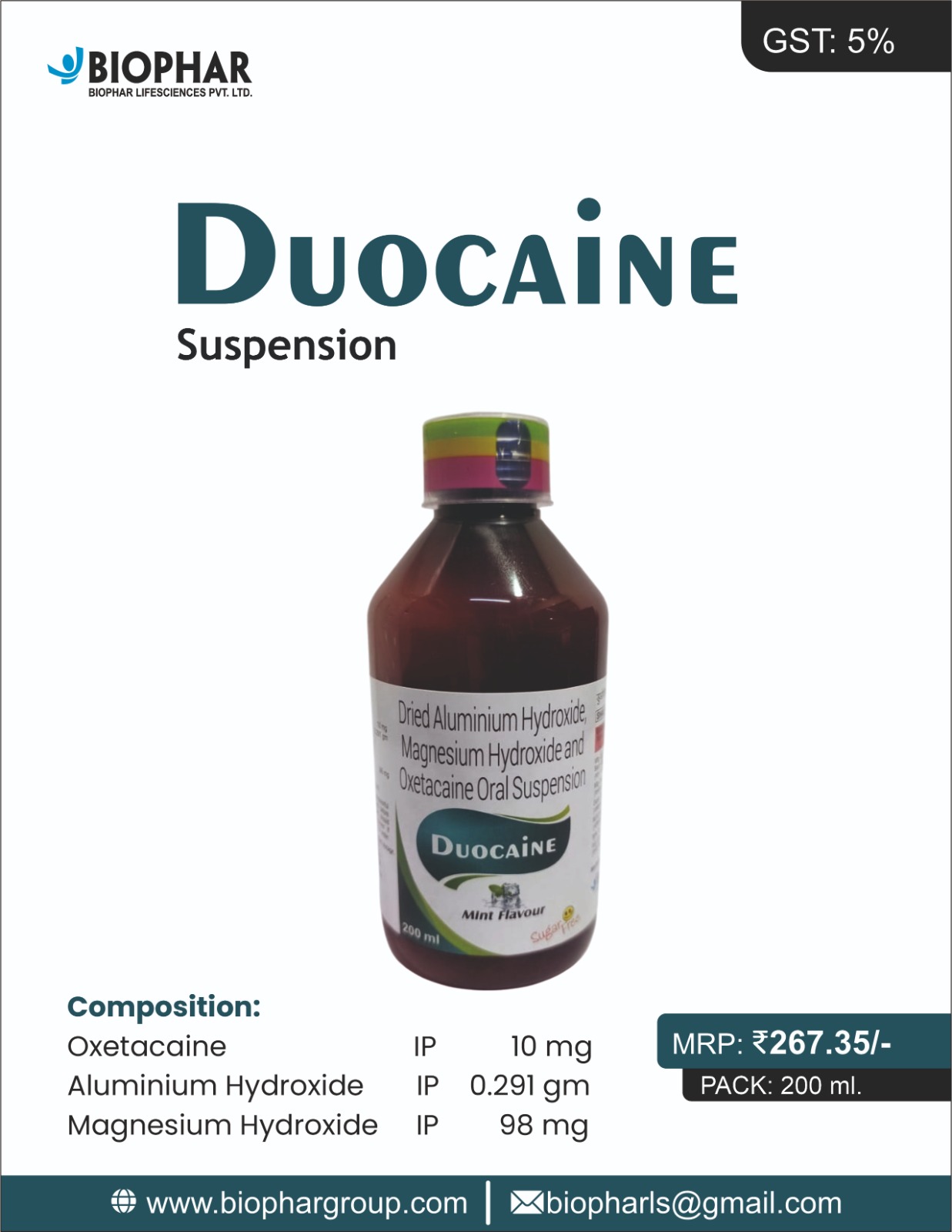 Duocaine Suspension, Oxetacaine suspension, antacid syrup India, Biophar Lifesciences,