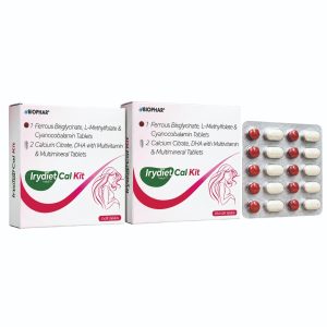 Tablet 1 (Ferrous Bisglycinate, L-Methylfolate & Cyanocobalamin) and Tablet 2 (Calcium Citrate with DHA, Vitamin D3, B-Complex & Minerals) supplement pack