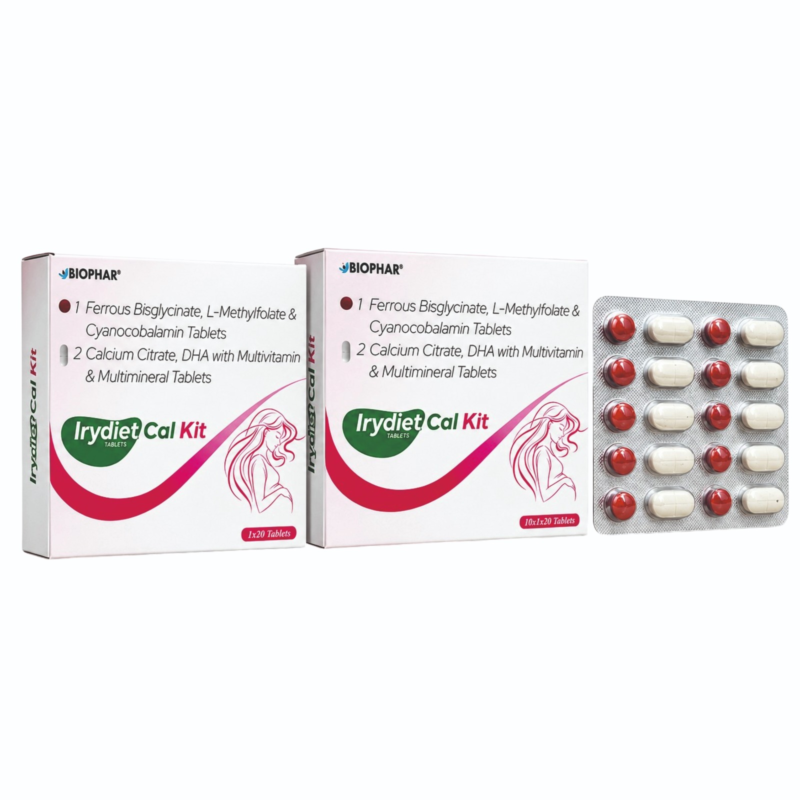 Tablet 1 (Ferrous Bisglycinate, L-Methylfolate & Cyanocobalamin) and Tablet 2 (Calcium Citrate with DHA, Vitamin D3, B-Complex & Minerals) supplement pack