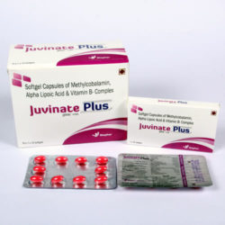 JUVINATE PLUS=Methylcobalamin 1500 mcg, alpha lipoic acid 100 mg Folic Acid 300 mcg, Pyridoxine HCl 1.5 mg, Zinc Sulphate Monohydrate 7.5 mg.(Softgel Capsules) 10x10 (NUTRACEUTICALS)