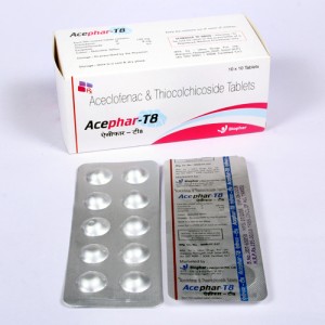 ACEPHAR-T8= Aceclofenac I.P. 100mg + Thiocolchicoside I.P. 8mg ( Tablets ) 10x10 Alu-Alu (anti-spasmodic)