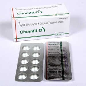 CHOMFIT-D=Trypsin-chymotryprsin 50,000 armour units + diclofenac potassium 50mg (Tablets) 10x10 Alu-Alu (ANTI-INFLAMMATORY)