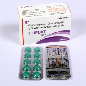 CLIPOXT=Clidinium bromide 2.5mg  Chlordiazepoxide 5.0 mg &  Dicyclomine Hydrochloride 10 mg.(Tablets) 10x10 Blister (ANTI-SPASMODIC)