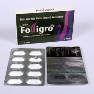 FOLLIGRO=Glutamic Acid 61.8 mg, D-methionine 40 mg Asparic Acid 36.2 mg, Arginine 23.5 mg, Lyprine 19.6 mg, Serine 16 mg,(Tablets) 3x10 Alu-Alu (NUTRACEUTICALS)