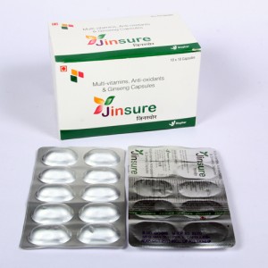 JINSURE=Ginseng Powder 48 mg, Riboflavin 3 mg,  Ascorbic acid 50 mg, vitamin D3 200 I.U. Vitamin E 10 mg, Nicotinamide 25 mg, Calcium Carbonate 10 mg, Folic Acid 300mcg (Capsules) 10x10 Alu-Alu(NUTRACEUTICAL)