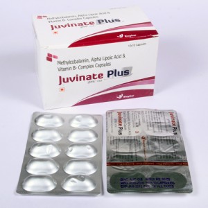 JUVINATE PLUS=Methylcobalamin 1500 mcg, alpha lipoic acid 100 mg Folic Acid 300 mcg, Pyridoxine HCl 1.5 mg, Zinc Sulphate Monohydrate 7.5 mg.(Capsules) 10x10 Alu-Alu (NUTRACEUTICALS)