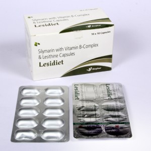 LESIDIET=Silymarin With Vitamin B- Complex & Lecithin. Vitamin B1 5 mg, Vitamin B2 5mg, Vitamin B6 3 mg, Vitamin B12 1 mcg Niacinamide 50 mg,  Lesithine 525 mg.(Capsules) 10x10 Alu-Alu(NUTRACEUTICALS)