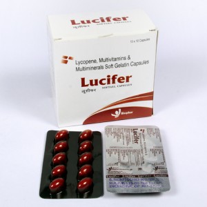 LUCIFER=LUCIFER=Lycopene 5000mcg + vitamin A 5000 IU + Vitamin C 50mg+ vitamin E 10mg + Zinc sulphate monohydrate 22.5mg +Selenium dioxide 70mcg(Softgel Capsules) 10x10 Blister (NUTRACEUTICALS)