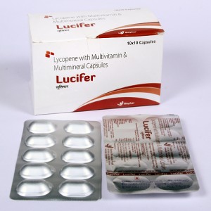 LUCIFER=Lycopene 5000mcg + vitamin A 5000 IU + Vitamin C 50mg+ vitamin E 10mg + Zinc sulphate monohydrate 22.5mg +Selenium dioxide 70mcg(Capsules) 10x10 Alu-ALu (NUTRACEUTICALS)