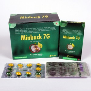 MINBACK 7G=Ginseng 42.5mg, Green Tea Extract 10mg, Grape Seed Extract 15mg, Ginkgo Biloba 10mg, Garlic Powder 2mg, lycopene 2.5mg, Vitamins, Minerals, & DHA 90mg (Capsules)10x1x10 Alu-Alu(NUTRACEUTICAL