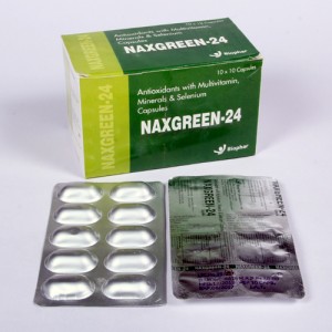 NAXGREEN-24=vitamin a(as acelate)25000 i.u,,ascorbic acid 50mcg,vitamin d3 nicotnamide 20mg ,folic acid 0.3mg,ferrous fumarate 90 mcg.calcium dibasic phosphate 58mg.(Capsules) 10x10 Alu-Alu (NUTRACEUTICALS)