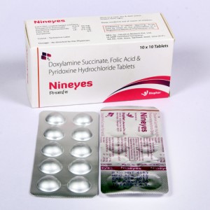 NINEYES = Doxylamine succiate 10mg pyridoxine HCL 10mg Folic acid 2.5 mg (Tablets) 10x10 Alu-Alu (