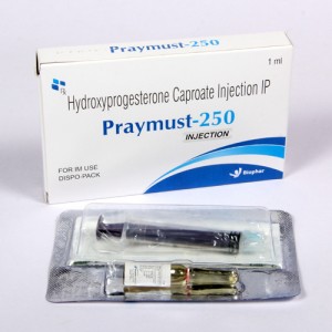 PRAYMUST-250=Hydroxyprogesterone Caprotec injection 250mg IP 1ML (DISPO PACK)vial (steroidal progestin)