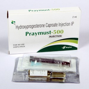 PRAYMUST-500=Hydroxyprogesterone Caprotec injection 500mg IP 2ML (DISPO PACK)vial (steroidal progestin)
