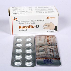 RUTOFIT-D = Trypsin 48mg + Bromelain 90mg + Rutoside trihydrate 100 mg + Diclofenac sodium 50 mg  (Tablets) 10x10 Alu-Alu (ANTI-INFLAMMATORY  ANALGESIC)